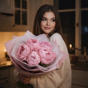 Букет 5 розовых пионов с упаковкой